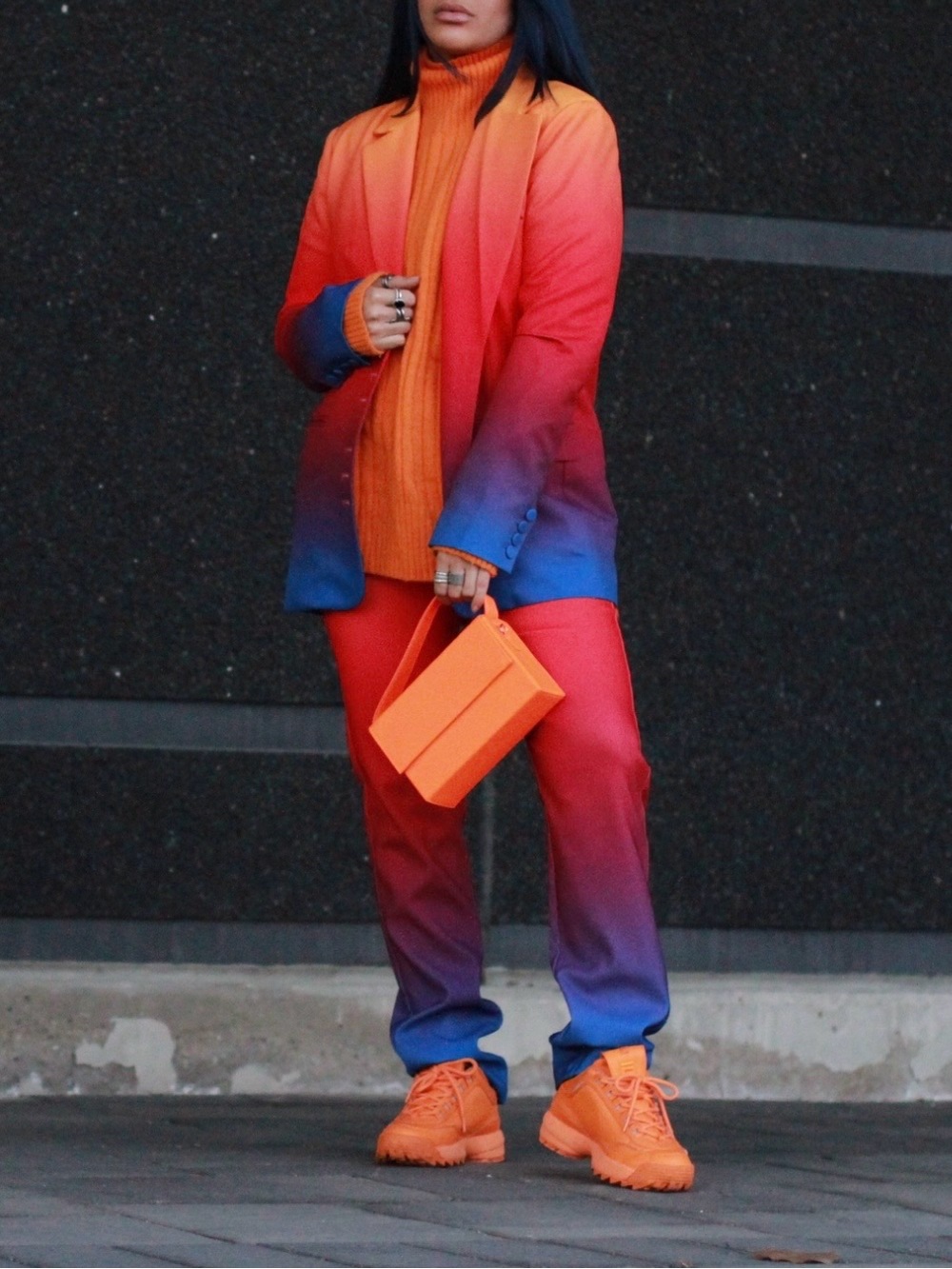 AKIRA Sunset Gradient Orange-Blue Blazer Pant Suit Set